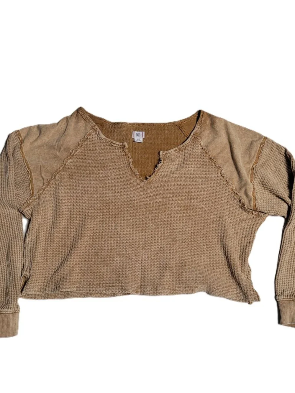BDG Catskills Thermal Crop Top Y2K Grunge Distressed Raw Edge Waffle Tan L